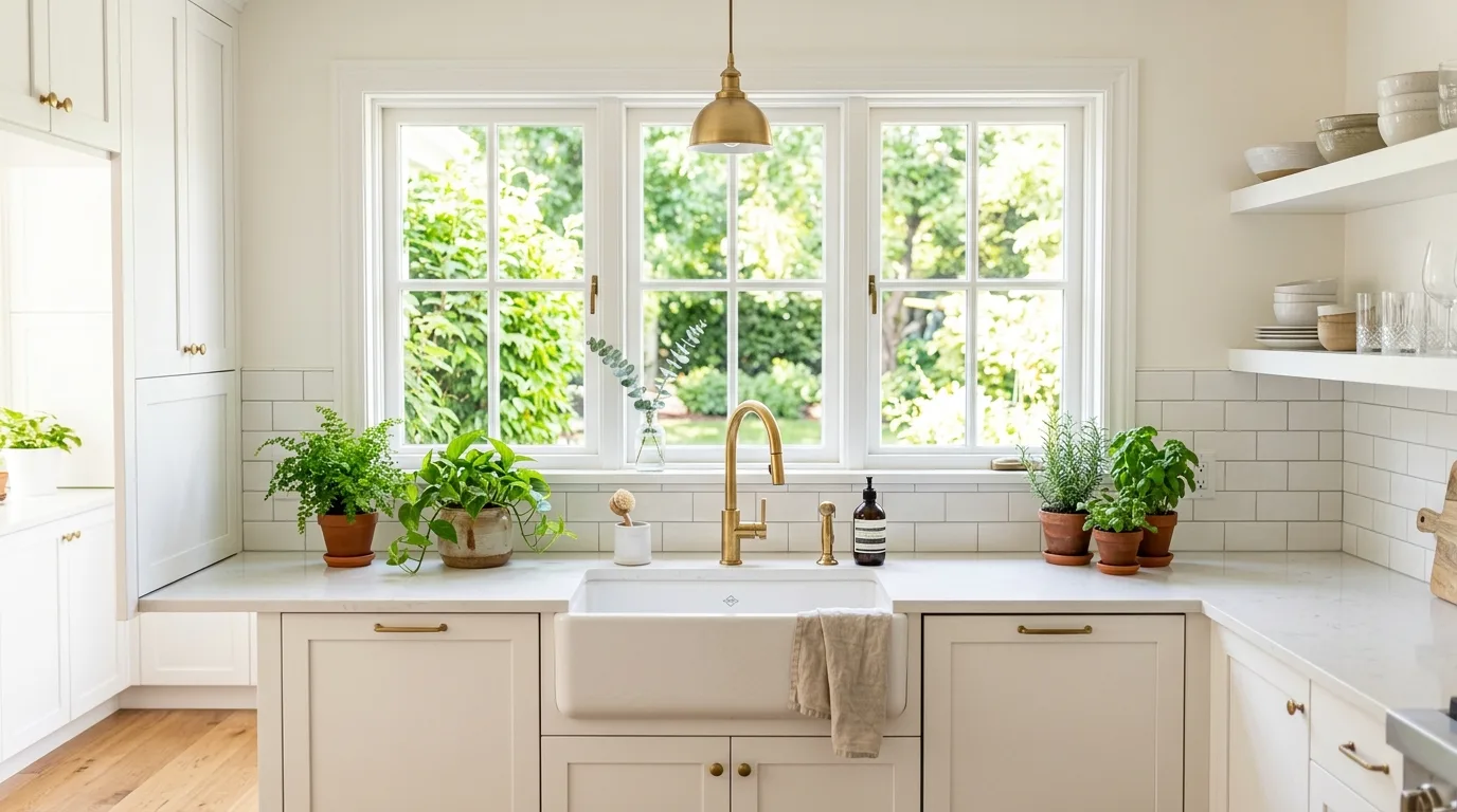 Balance white with darker floor contrast inspiration for a bright white kitchen.